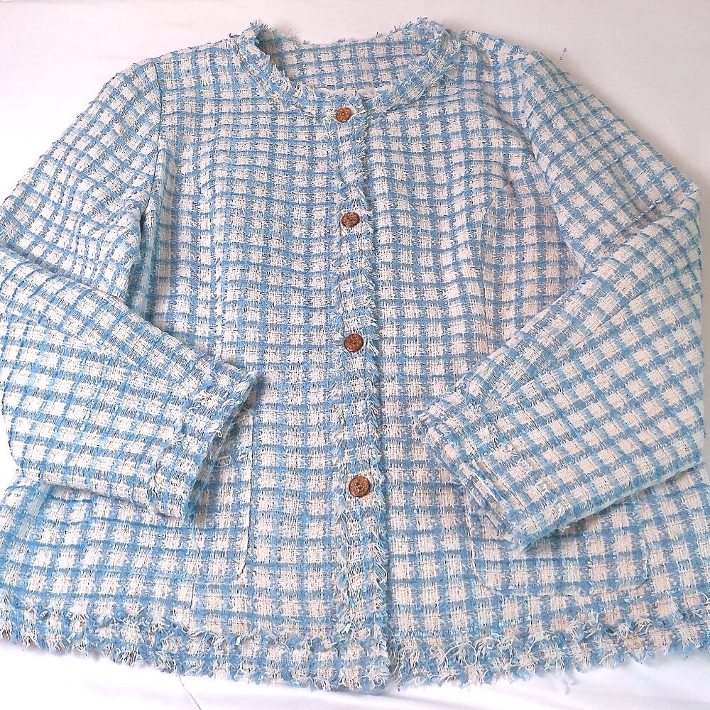 Woman's Jacket Plaid Tweed 4XL blue-white classic elegant plus size